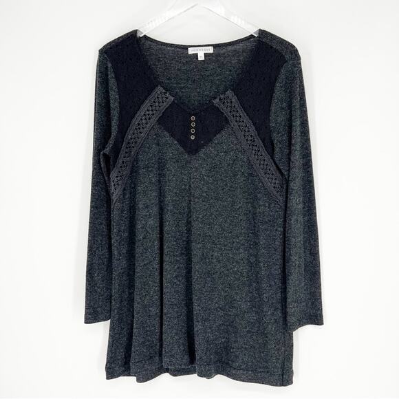DOWNEAST Love Lace Accent Ribbed Long Sleeve Top XL Grey - Picture 2 of 5